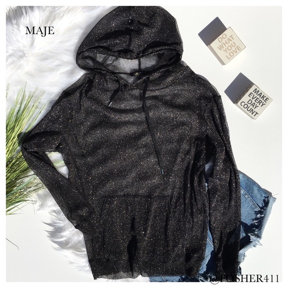 Maje Tops - MAJE METALLIC BLACK SHEER HOODED SWEATSHIRT